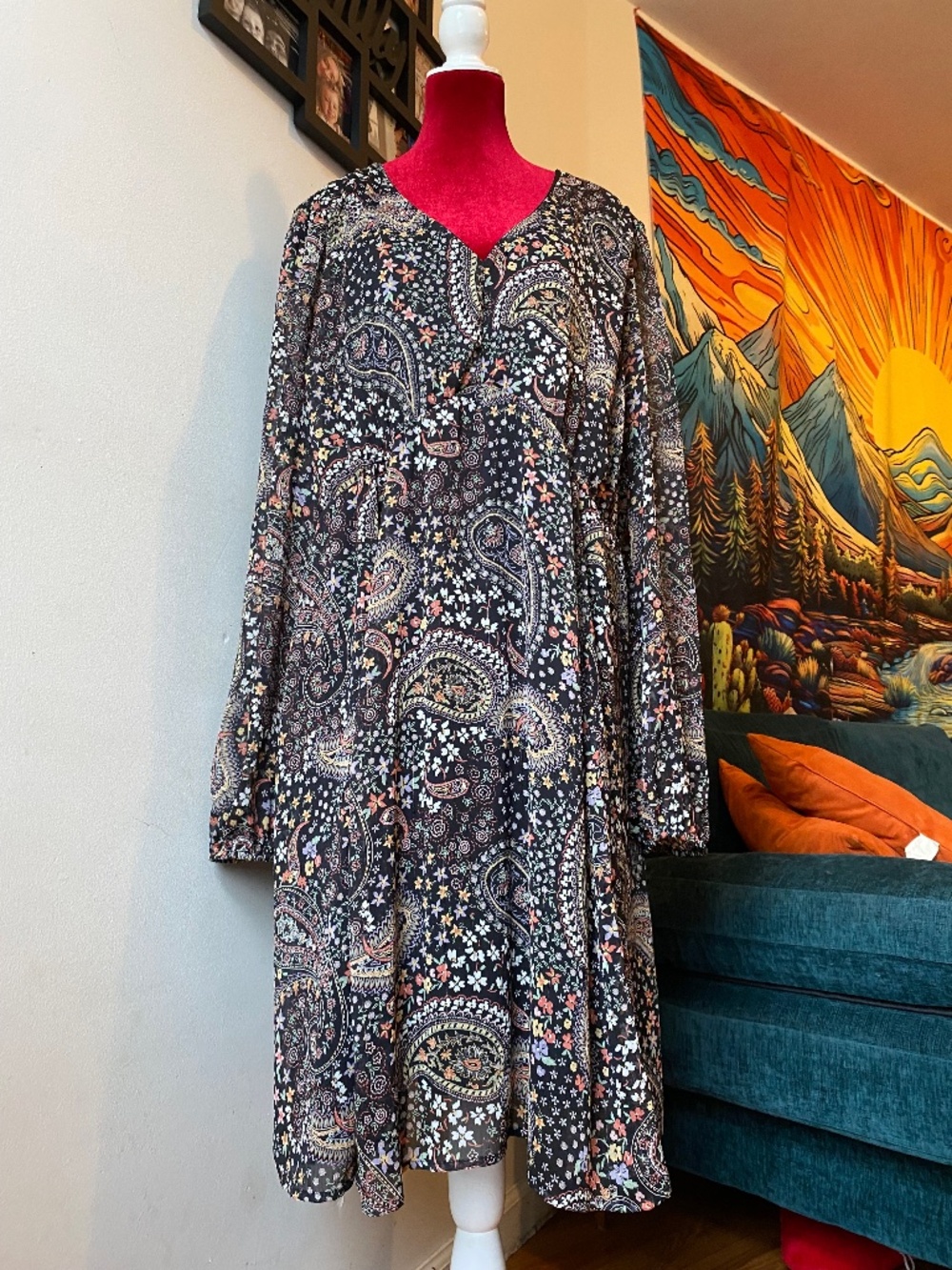 Torrid black floral and paisley long-sleeve chiffon babydoll dress